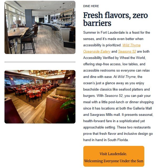 Accessibility verified restaurants in Fort Lauderdale including Wild Thyme Oceanside Eatery with ocean views and Seasons 52 offering health-forward dining in an inclusive setting.