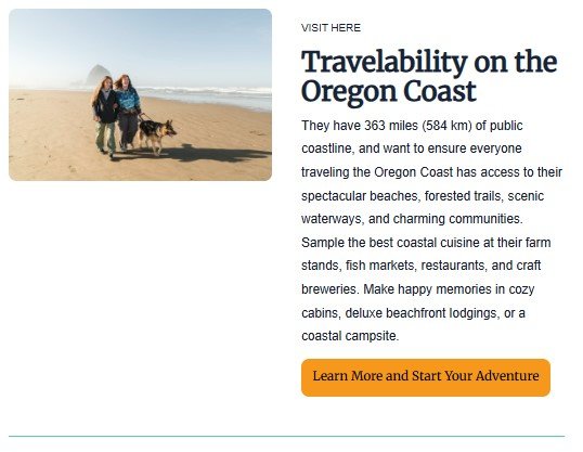 Two women walking with a guide dog along Cannon Beach on the Oregon Coast promoting accessible travel experiences with scenic beaches and trails