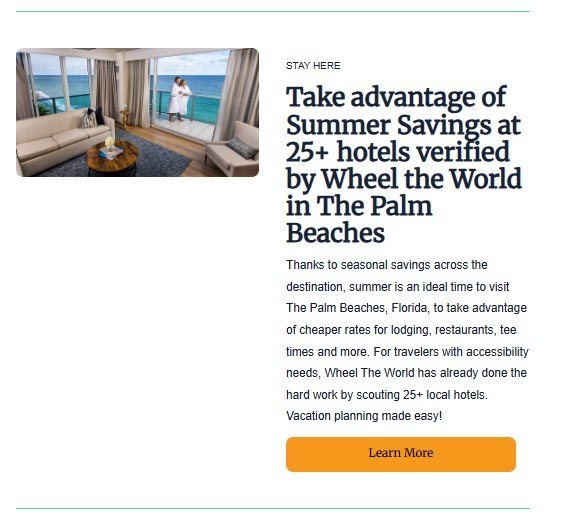 Couple on balcony of oceanfront accessible hotel suite in The Palm Beaches Florida promoting summer savings at 25+ Wheel the World verified hotels