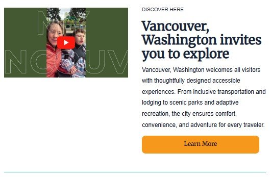 Vancouver Washington accessible travel promotion inviting visitors to explore inclusive lodging, parks, transportation, and adaptive recreation