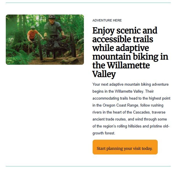 Adaptive mountain biker riding accessible forest trail in Oregon’s Willamette Valley with companion cyclist on scenic outdoor adventure