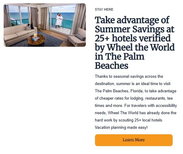 Couple enjoying ocean view from balcony of Wheel the World verified accessible hotel suite in The Palm Beaches Florida, highlighting summer savings on inclusive travel accommodations.