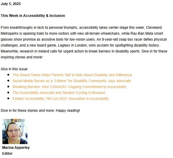 Accessibility Tidbits newsletter dated July 1, 2025, featuring stories on assistive tech, disability advocacy, and inclusive innovations, with editor Marina Apperley.
