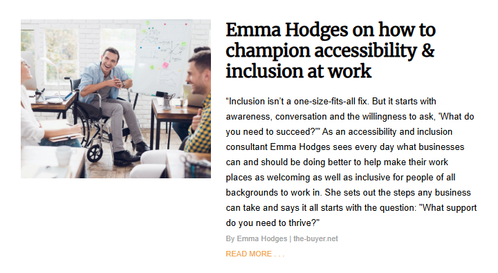 A man in a wheelchair sits at a conference table, smiling and engaged in a conversation with his colleagues during a meeting. The image is part of an article about workplace accessibility.
