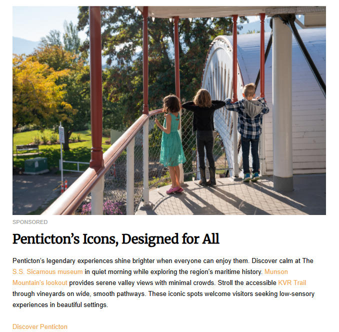 Three children stand on a bridge, looking out at a serene landscape with a green valley and trees.