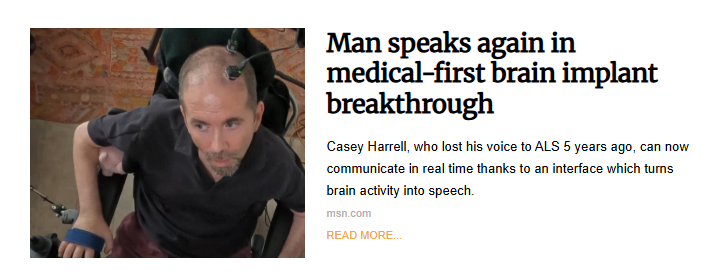 A man in a wheelchair, Casey Harrell, is shown with wires attached to his head as he looks up and away from the camera. The image illustrates a story about a new brain implant.