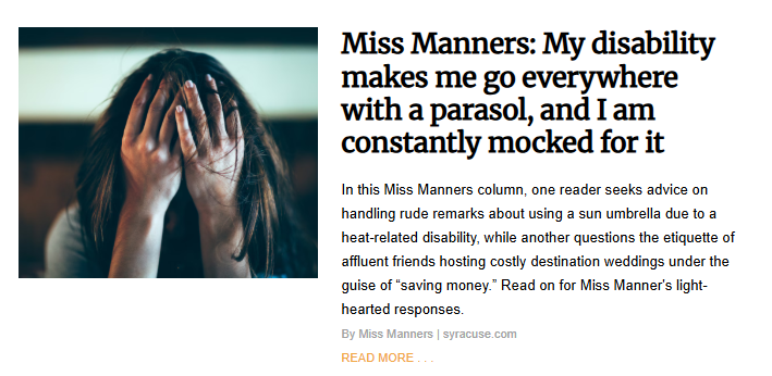 A woman with her face buried in her hands, appearing distressed. The image illustrates a column about a woman who is mocked for using a parasol due to a disability.