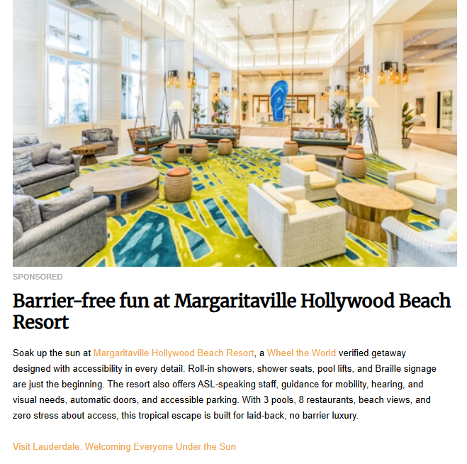 A bright, spacious hotel lobby with modern furniture and a colorful, patterned rug. The image is for a sponsored post about an accessible beach resort.