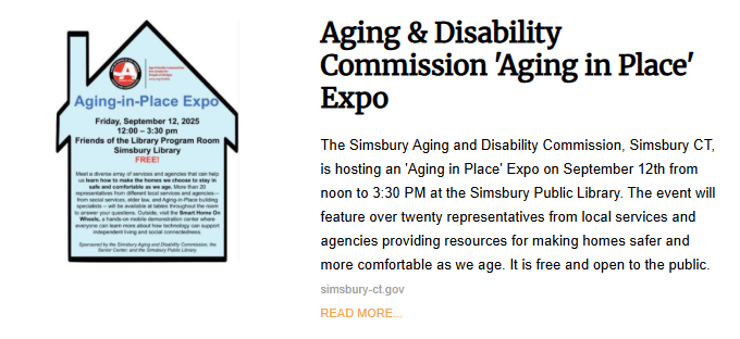 A graphic of a blue house with the text 'Aging-in-Place Expo' and details about the event, including the date, time, and location.