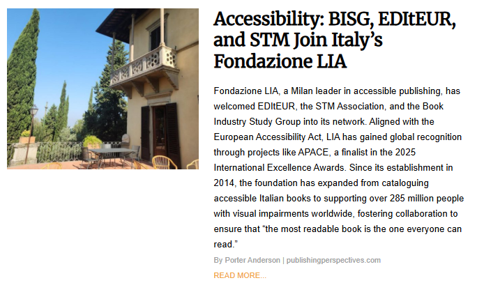 A two-story Italian building with a balcony and a patio area surrounded by trees and greenery. The image is for an article about a new partnership for accessible publishing.