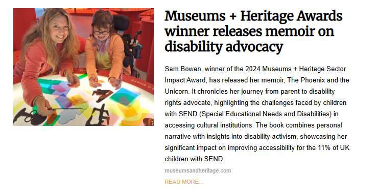 A woman, Sam Bowen, smiles at the camera as she and a child in a wheelchair play with colorful, translucent shapes on a light table.