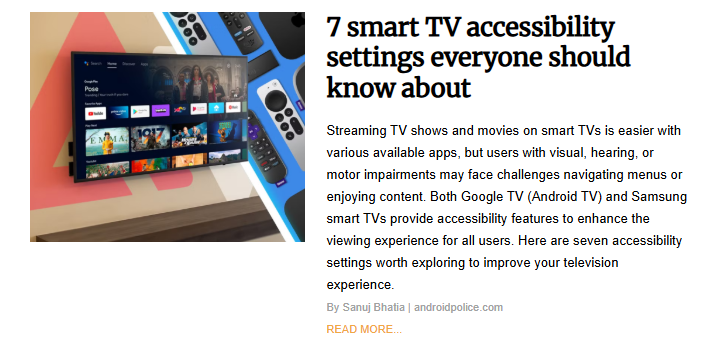 A graphic of a smart TV displaying a streaming app menu, surrounded by various remote controls. The image illustrates an article about smart TV accessibility features.