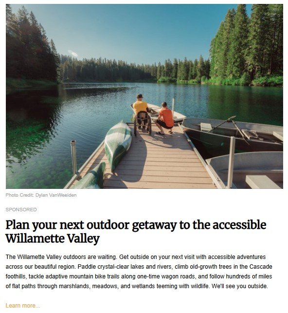 Accessible outdoor adventure in Willamette Valley, Oregon – two people, one using a wheelchair, enjoy a serene lake view from a dock surrounded by pine trees, with canoes and rowboats nearby
