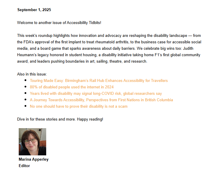 A headshot of a woman with glasses and brown hair, smiling slightly at the camera. Her name, "Marina Apperley," and title, "Editor," are below the photo. The surrounding text is a newsletter introduction.