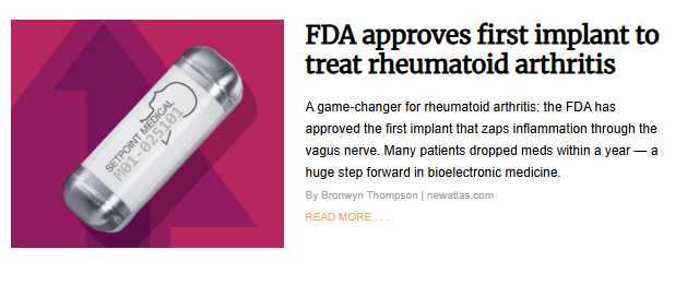 A close-up, angled shot of a small, cylindrical medical implant. Text on the implant reads, "SETPOINT MEDICAL M01-025101." The background is a pink-orange and purple gradient.