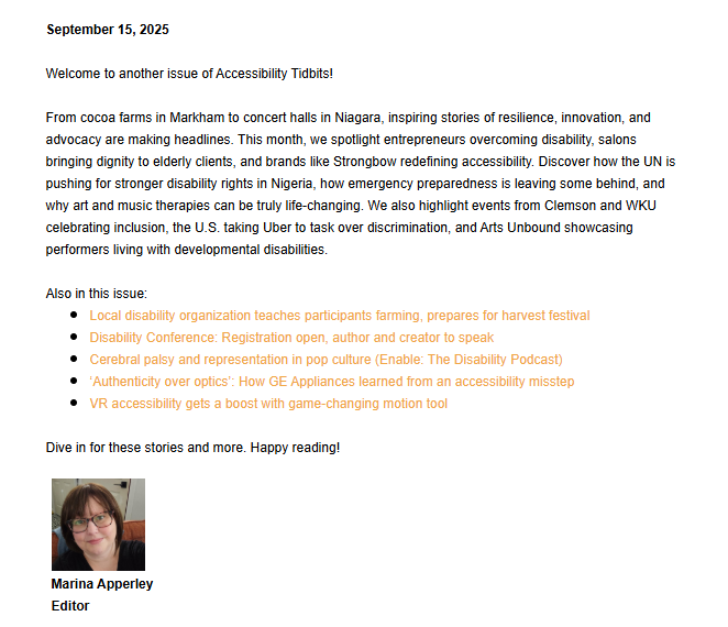 A headshot of Marina Apperley, the editor of the "Accessibility Tidbits" newsletter. She has short dark hair and is wearing glasses and a striped top, smiling at the camera.