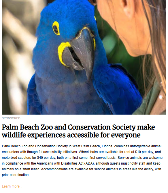 A sponsored image showing a close-up of a beautiful blue Hyacinth Macaw. The photo accompanies an article about the Palm Beach Zoo making its wildlife experiences accessible.