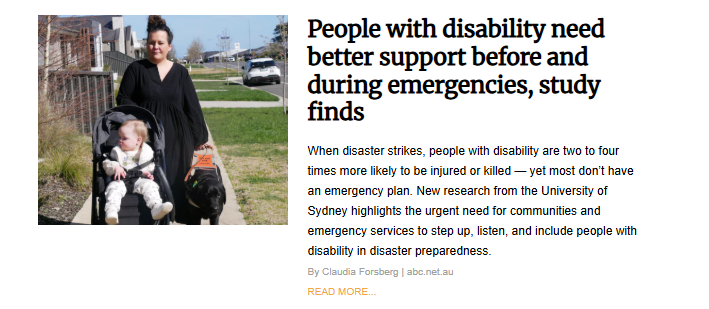 A photo from a news article showing a woman on a sidewalk pushing a baby in a stroller while her service dog, wearing an orange harness, walks beside her.