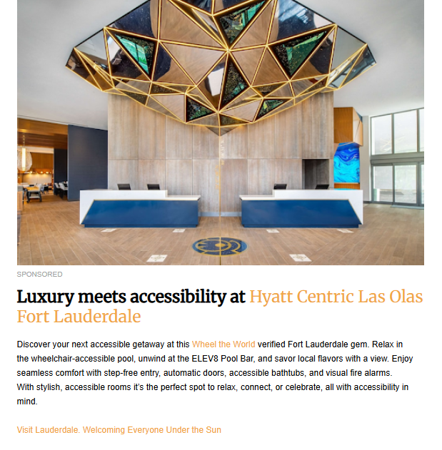 A sponsored image showing the modern and luxurious lobby of the Hyatt Centric Las Olas Fort Lauderdale, which is highlighted for its accessibility features.