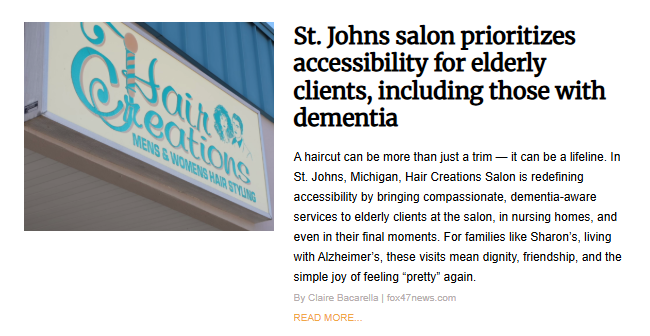 A photo of the outdoor sign for Hair Creations Salon, which is the subject of an article about a salon that prioritizes accessibility for elderly clients, including those with dementia.