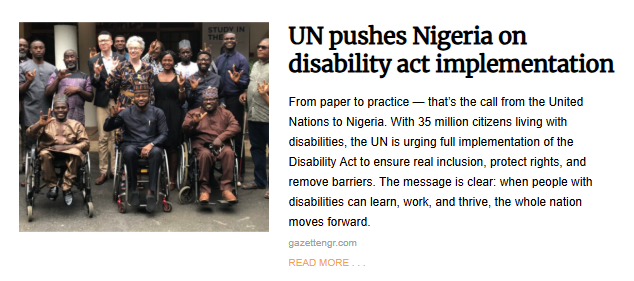 A news photo showing a group of people, including several in wheelchairs, smiling and posing together. The image illustrates an article about the UN pushing Nigeria to implement its disability act