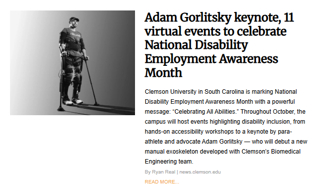 A photo from an article about National Disability Employment Awareness Month. The image shows para-athlete and advocate Adam Gorlitsky standing and using an exoskeleton to walk.