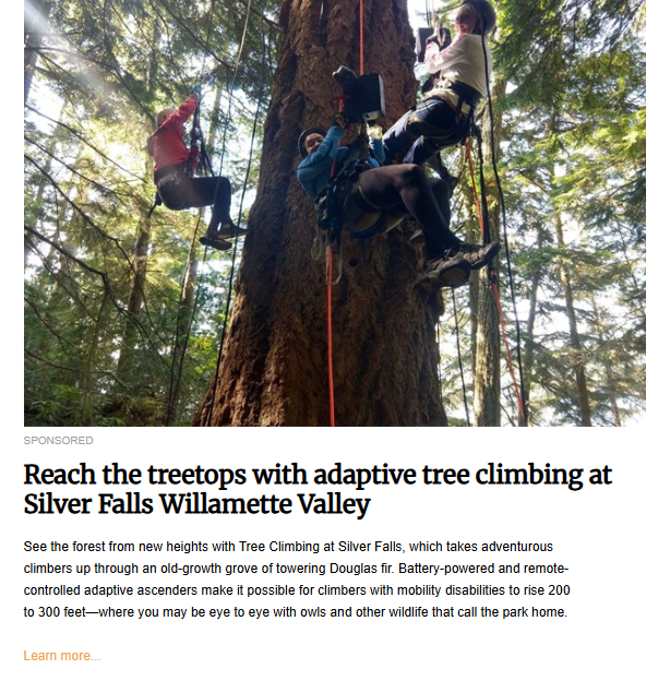 A sponsored image showing three people using adaptive equipment to climb a large Douglas fir tree. The image illustrates an article about adaptive tree climbing for people with mobility disabilities.