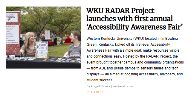 A photo from a news article showing two women talking and smiling at a table during the first annual Accessibility Awareness Fair at Western Kentucky University.