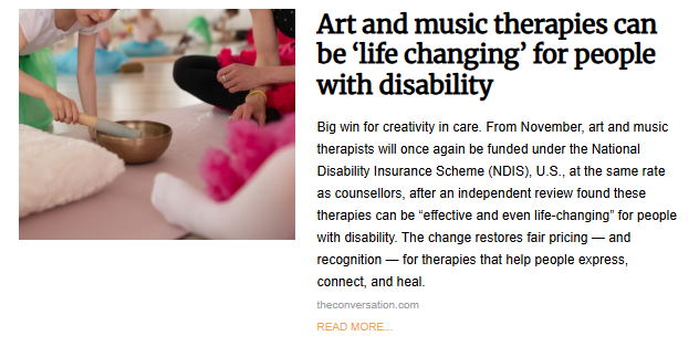 An image from an article about therapy funding. It shows a child's hand touching a singing bowl during a music therapy session.