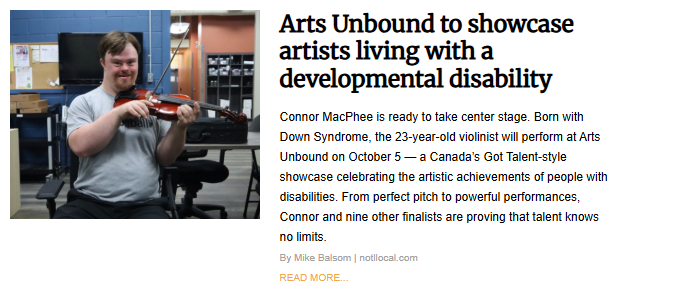 A news photo showing Connor MacPhee, a violinist with Down Syndrome, smiling while playing his instrument. The image is from an article highlighting artists with developmental disabilities.