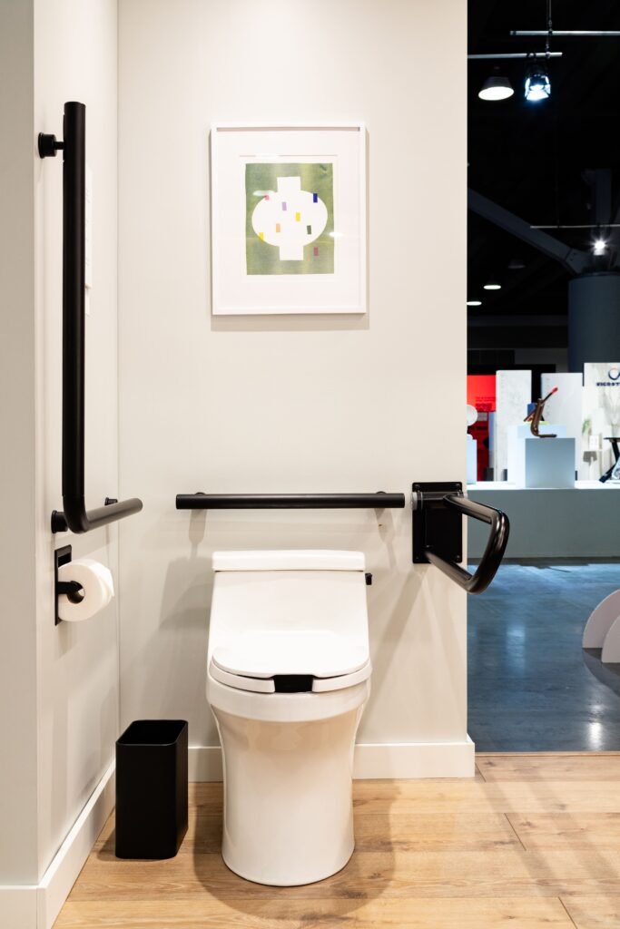 A stylish, accessible toilet setup in a bathroom area. The white toilet is flanked by modern, black-finished grab bars, including a vertical bar with a toilet paper holder and a horizontal fold-up grab bar on the right wall. The room features light wood flooring, a black trash can, and light gray walls, with a colorful, framed abstract print hanging above the toilet.