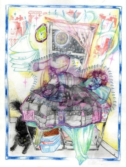 A vibrant, mixed-media drawing titled "Aquarius Moon, Bug Cru 2025." The stylized artwork depicts a figure sleeping in bed under a patchwork quilt in a room with a window showing a dark, moonlit sky. A black cat with a bushy tail sits on the floor near the bed. The piece uses colored pencil with layered, ghostly, and stitched elements, conveying a dreamy or surreal, cluttered interior space.