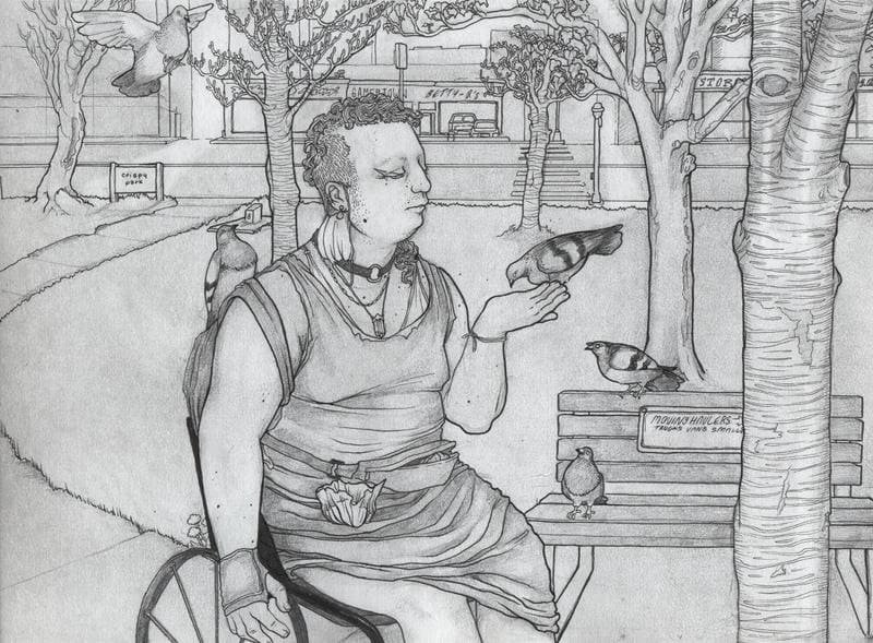 A detailed black and white pencil drawing titled "Pigeon Femme." The central figure is a visibly disabled person (or a person using a mobility aid) seated in a wheelchair in a park setting. They have a distinct haircut, are wearing an undershirt or tank top, and are calmly holding a pigeon in their outstretched hand. Other birds are perched on a nearby bench and flying around them. The background shows trees, a curving path, and a stylized cityscape with signs.