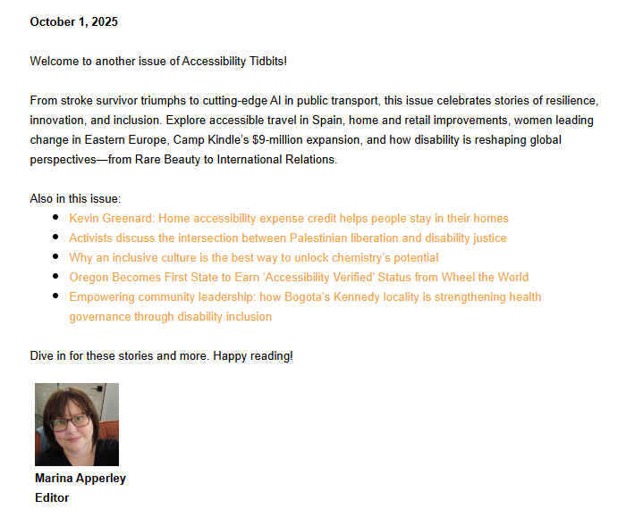 A headshot of a woman with glasses and brown hair, smiling. The text above her reads "Welcome to another issue of Accessibility Tidbits!" and "Marina Apperley, Editor."