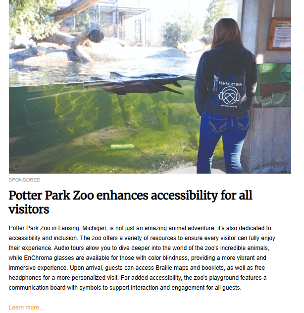 A woman with a "Sensory Bag" backpack stands and watches an otter swim in a clear-water enclosure at a zoo. The article headline is "Potter Park Zoo enhances accessibility for all visitors."