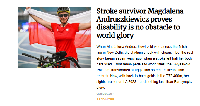 A woman in a bike helmet, holding a Polish flag, stands triumphantly next to her bike. The article headline is "Stroke survivor Magdalena Andruszkiewicz proves disability is no obstacle to world glory."