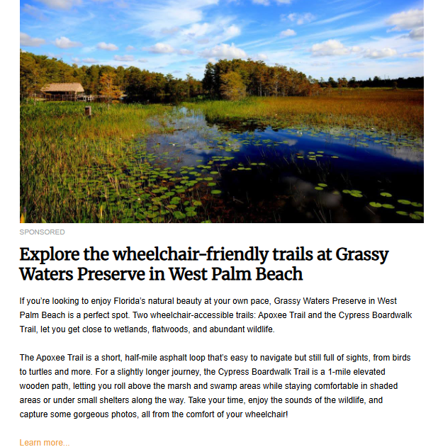 An aerial view of a marsh with a path next to a body of water with lily pads. The article headline is "Explore the wheelchair-friendly trails at Grassy Waters Preserve in West Palm Beach."