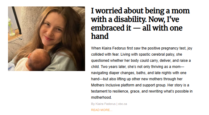 A young woman with light hair is smiling while holding a baby. The article headline is "I worried about being a mom with a disability. Now, I've embraced it - all with one hand."