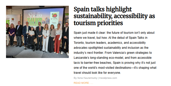 A group of people, including one person in a wheelchair, pose for a photo in front of a screen with "Spain Talks" on it. The article headline is "Spain talks highlight sustainability, accessibility as tourism priorities."