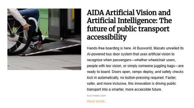 A person in a wheelchair on a bus ramp, preparing to board. The article headline is "AIDA Artificial Vision and Artificial Intelligence: The future of public transport accessibility."