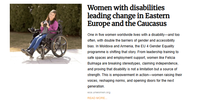 A young woman in a purple jacket and a wheelchair is smiling and holding a camera. The article headline is "Women with disabilities leading change in Eastern Europe and the Caucasus."