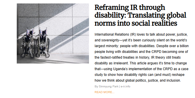 Two folded wheelchairs leaning against a gray wall. The article headline is "Reframing IR through disability: Translating global norms into social realities."