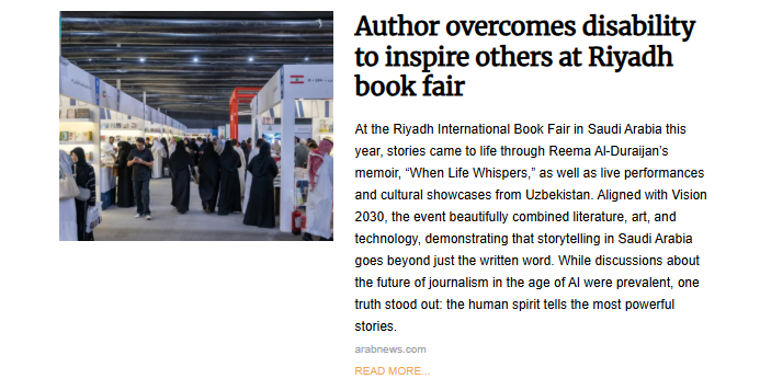 A slightly blurred wide-angle photo showing a crowd of people, many wearing traditional black abayas, walking through the brightly lit aisles of an indoor book fair. Booths and shelves filled with books line both sides of the aisle. The image accompanies the headline: "Author overcomes disability to inspire others at Riyadh book fair."