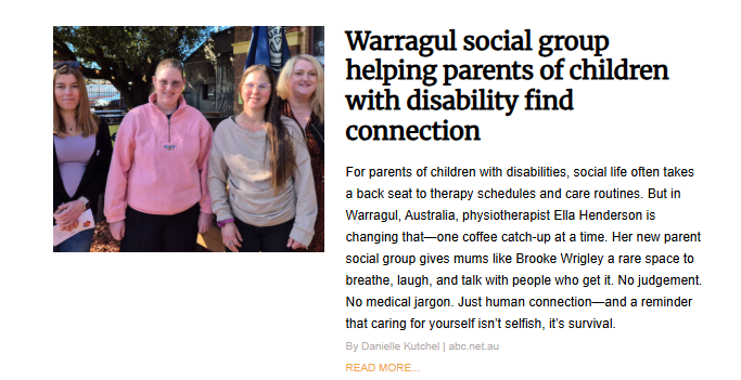 A photo of four smiling women standing side-by-side outdoors. The image accompanies the article "Warragul social group helping parents of children with disability find connection." The women appear to be parents or organizers of the social group, standing in a casual, sunny outdoor setting, possibly a café or park.