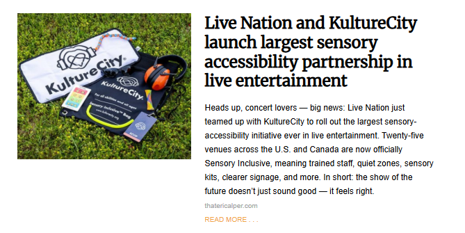 A photo of a KultureCity sensory kit resting on bright green grass. The kit includes a black drawstring bag, a pair of bright orange over-the-ear headphones, a lanyard, and various cards and a towel printed with the KultureCity logo. The image illustrates the partnership between Live Nation and KultureCity to launch a sensory accessibility initiative.