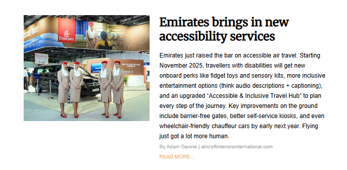 A photo of four Emirates female cabin crew members standing side-by-side in front of a luxury black chauffeur car at an airport or event booth. All four are wearing the distinctive Emirates uniform with the red hat and beige jacket. The background features promotional signage related to accessible travel. The image accompanies the article "Emirates brings in new accessibility services."