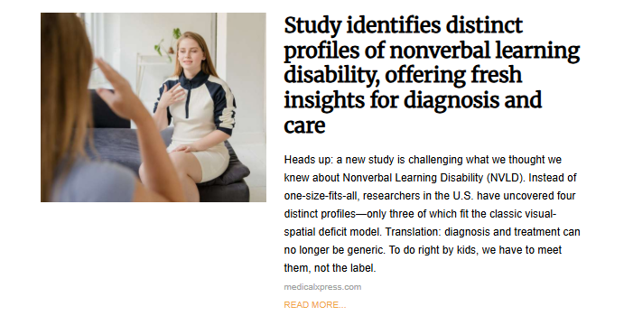 A candid photo of two women engaged in a discussion or therapy session, accompanying the article "Study identifies distinct profiles of nonverbal learning disability..." A young blonde woman wearing a black and white dress is seated, smiling faintly, with her hands clasped near her chest, while another person's arm and shoulder are visible in the foreground, suggesting they are facing and talking to her. The setting appears to be a light-filled, professional office or home.
