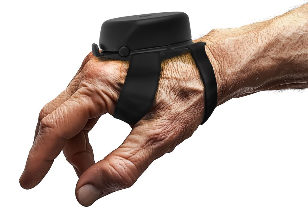 A high-contrast studio photograph showing a hand wearing the Steadi-One anti-tremor wrist device (or similar model). The hand is slightly extended, and the compact, round, black stabilizing unit is clearly visible, secured by thick black straps over the back of the hand. The background is pure white, focusing attention on the skin texture of the hand and the technical design of the assistive device.