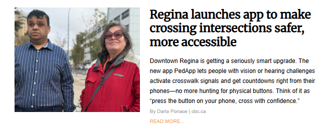 Two pedestrians, one with vision challenges and one wearing sunglasses, stand on a city street, illustrating the launch of the PedApp in Regina to make crossing intersections safer and more accessible for people with vision or hearing challenges.