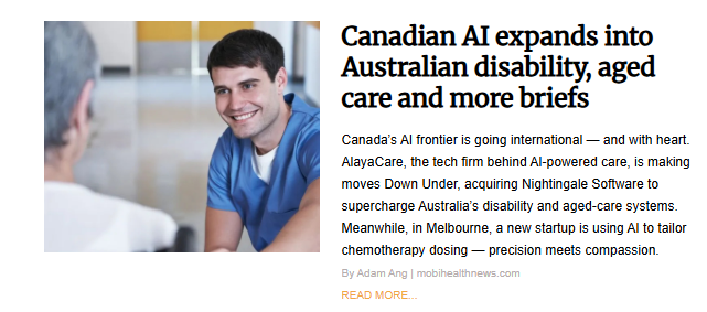 A smiling male caregiver in blue scrubs interacts with an elderly patient in a healthcare setting, representing Canadian AI expansion into Australian disability and aged care through AlayaCare and Nightingale Software.
